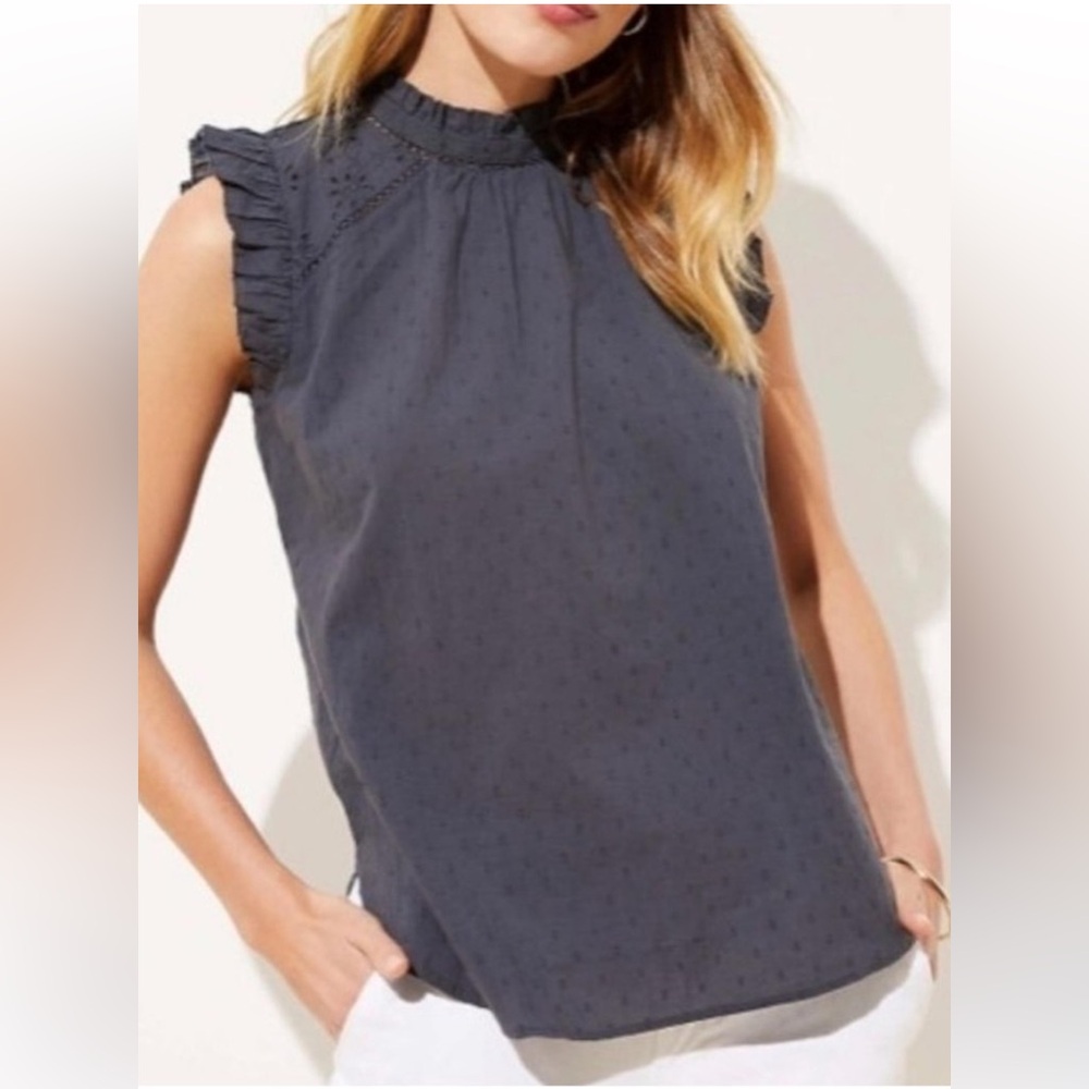 LOFT Charcoal Sleeveless Ruffle Eyelet Top